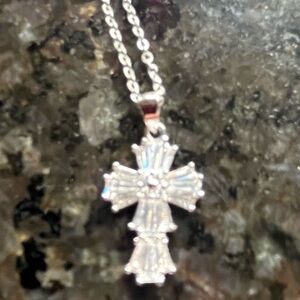 Silver cubic zirconia Cross Pendant Necklace with baguette gems